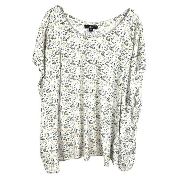 Ellos Plus Size 30W 32W Top 3X Floral Tee White Green Short Sleeve‎ Cotton 180 - Picture 1 of 8